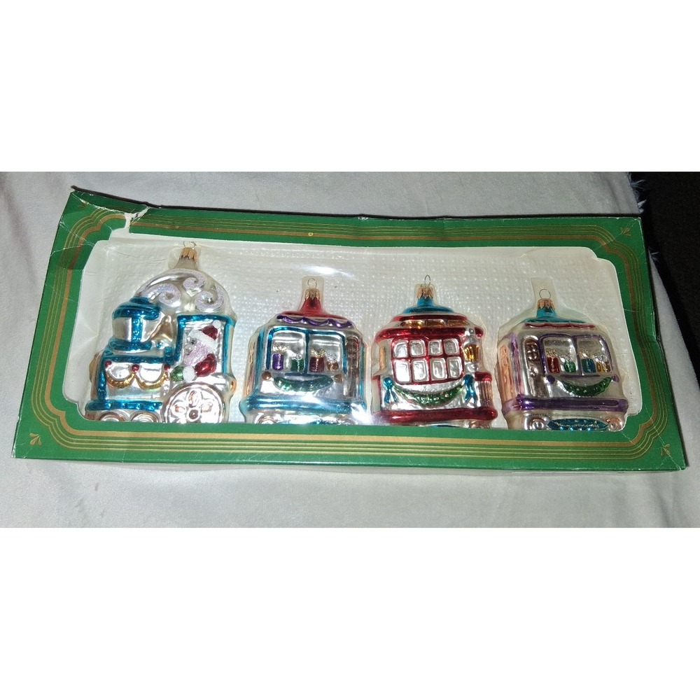 Kurt S Adler Blown Glass Transportation Ornaments Set of 4 Train Trolley Colombi